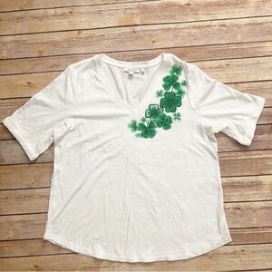 Chico's White Tee with Green Clover Design